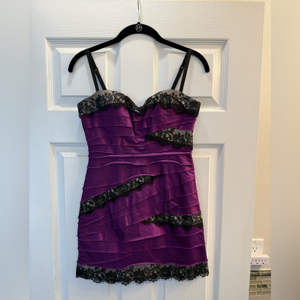 Bebe Purple and Black Babydoll Mini Dress with Sweetheart Neckline